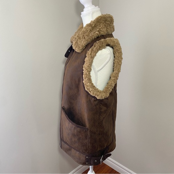 7 For All Mankind Brown Faux Leather Vest with Shearling Trim XS - Picture 7 of 14